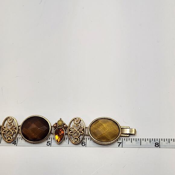 Oval Panel Earth Tone Faceted Rhinestone Bracelet Gold Tone Brown Yellow Jewelry - Picture 5 of 5